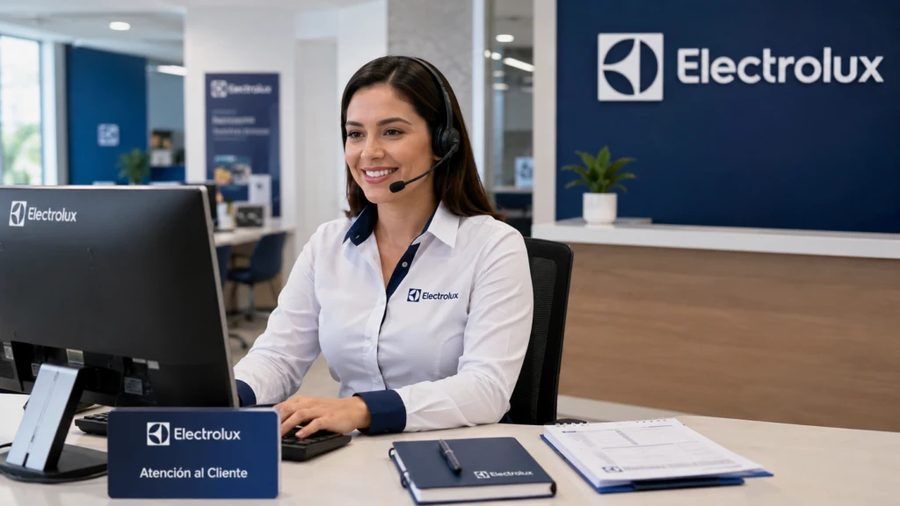 Asesora de atención al cliente Electrolux con diadema, atendiendo una solicitud de servicio técnico