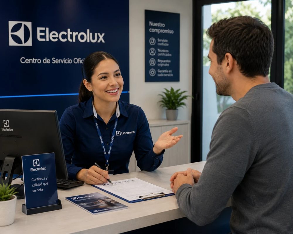 Asesora de Electrolux en Centro de Servicio Oficial atendiendo a un cliente en el mostrador