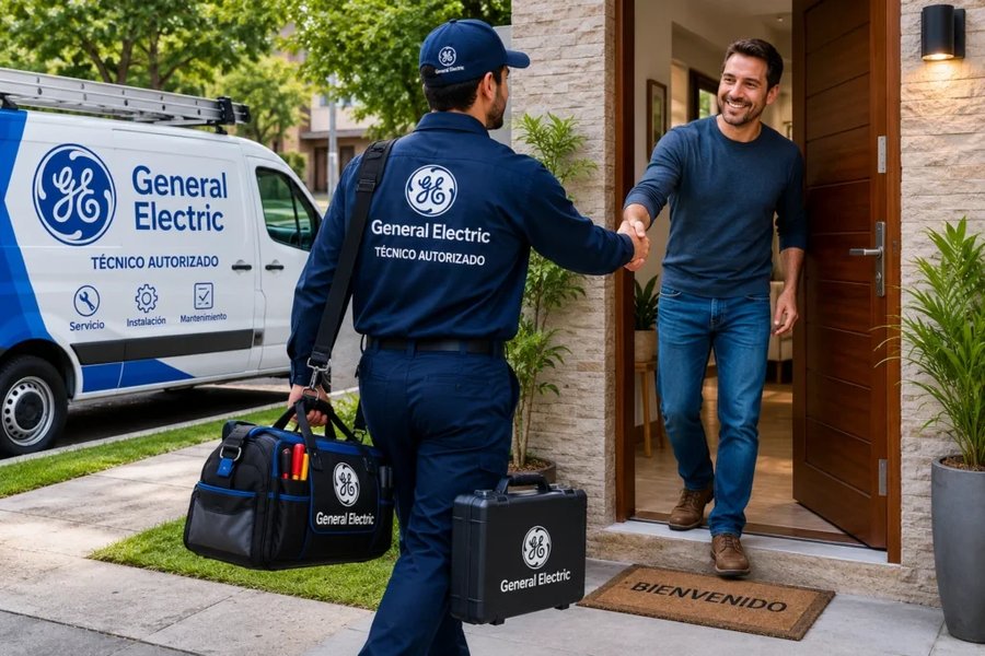 Técnico de servicio General Electric con maletín de herramientas llegando a una vivienda en Cartagena