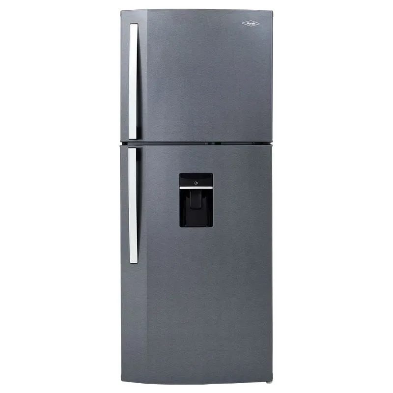 Nevera Haceb con congelador superior en acero inoxidable y manija cromada