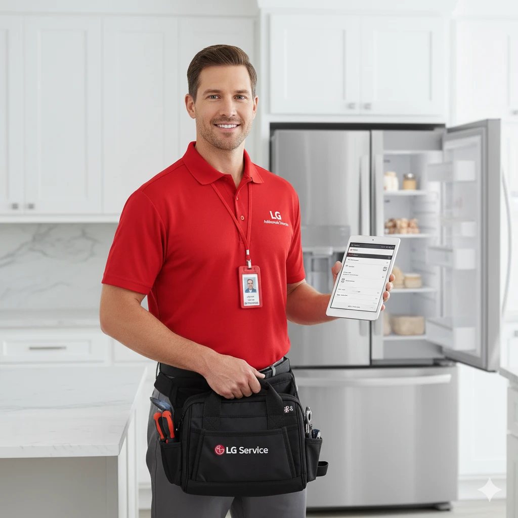 Técnico especializado en neveras LG con maletín de herramientas de servicio, listo para una visita a domicilio en Cartagena