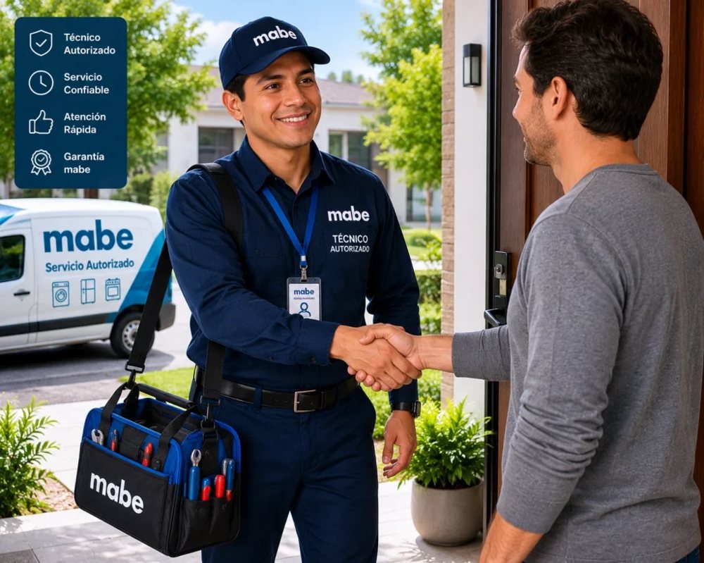 Técnico especializado en neveras Mabe saludando a un cliente en la entrada de su casa en Cartagena