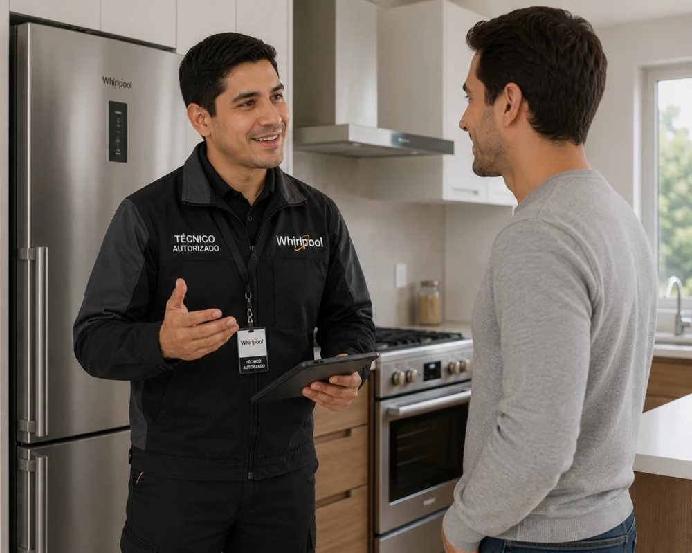 Técnico autorizado Whirlpool explicando el diagnóstico a un cliente en su cocina