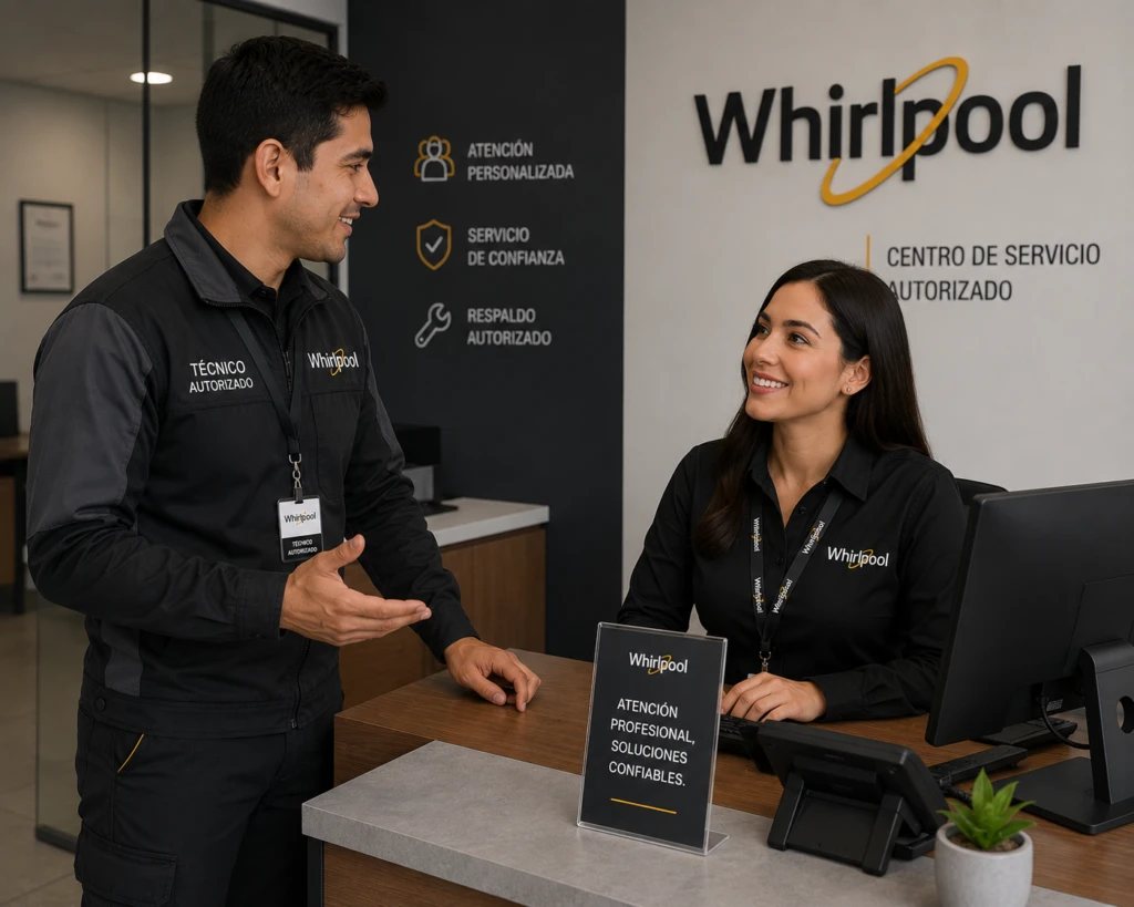 Técnicos especializados en Whirlpool atendiendo a un cliente en el centro de servicio